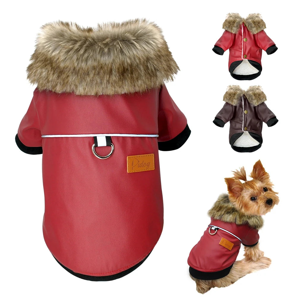 A red PU leather dog jacket with a brown fur collar and black trim, shown on a hanger and worn by a small dog.