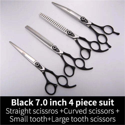 Black 7.0 inch 4 piece suit of professional pet grooming scissors including straight and curved options