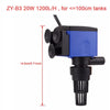 Blue submersible aquarium filter pump for tanks, featuring an aeration nozzle and water circulation capabilities.