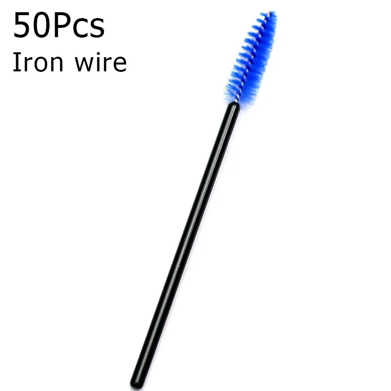A single blue iron wire eyelash brush with black handle.
