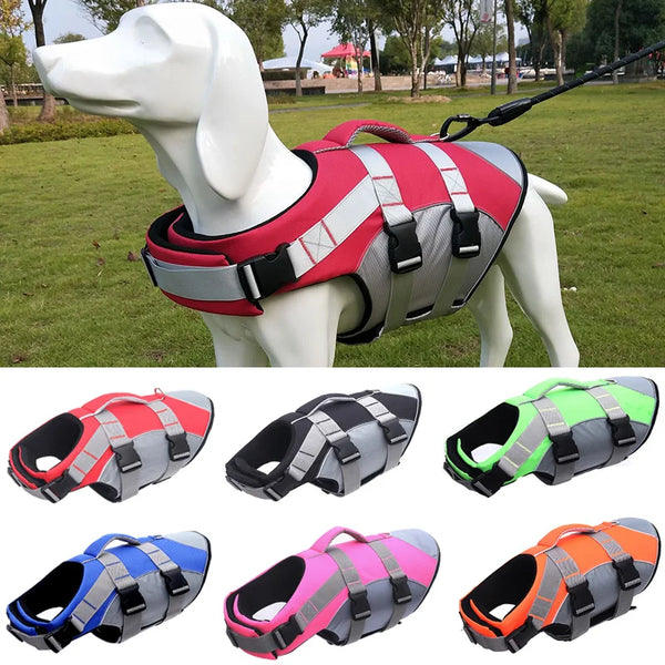 Various reflective summer life jackets for dogs shown in different colors and styles.