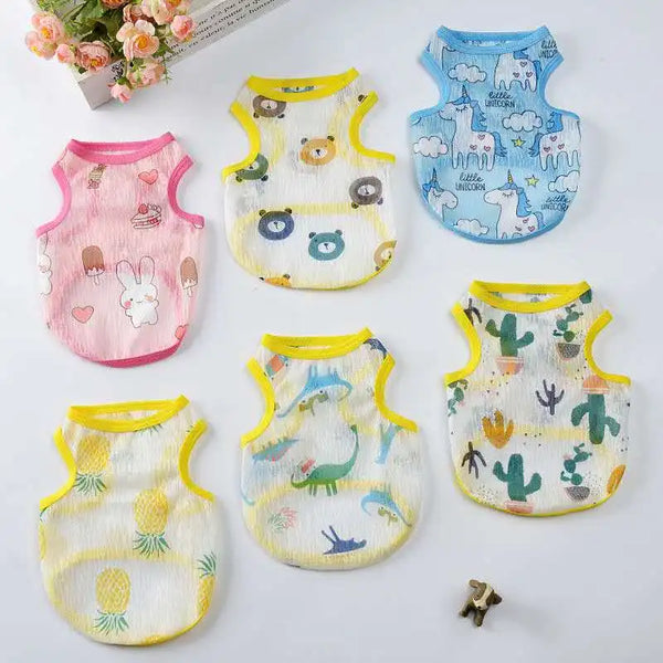 A collection of breathable summer mesh vests for small dogs and cats in various pastel colors and patterns.