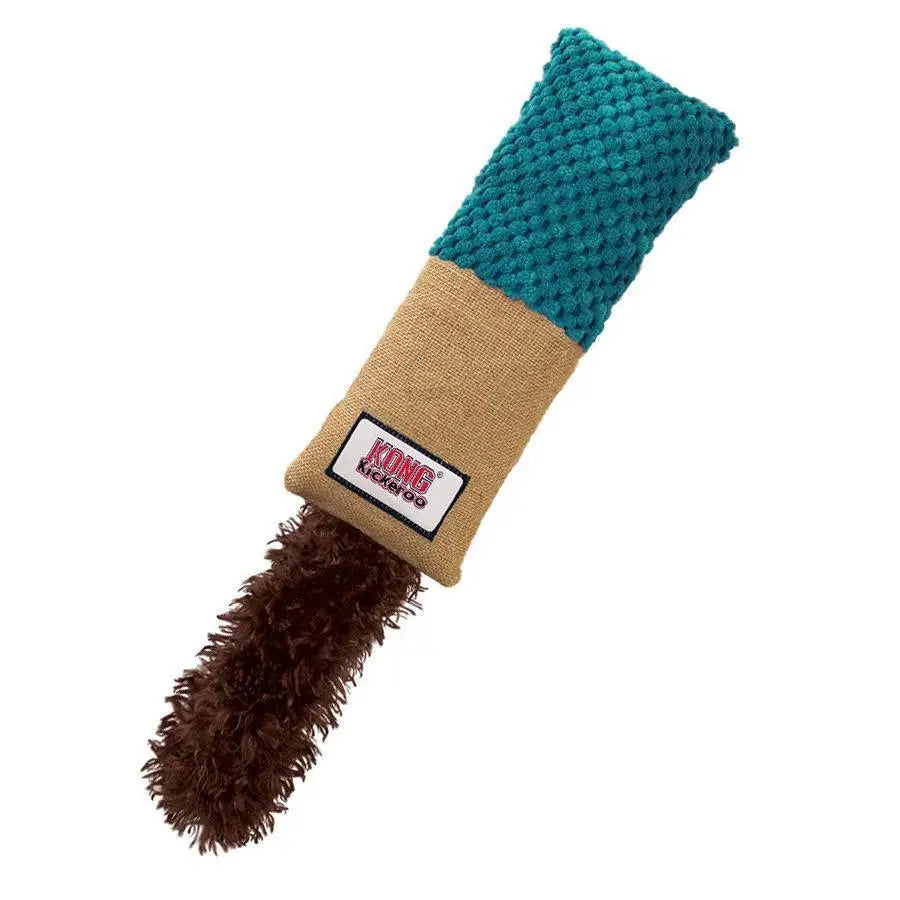 A brown KONG Kickeroo cuddler cat toy with a teal knitted top and a beige sleeve.