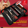 A professional pet grooming scissors set with various tools displayed in a black case next to a dog.
