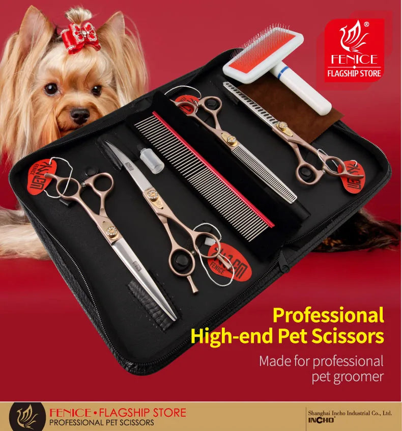 A professional pet grooming scissors set with various tools displayed in a black case next to a dog.