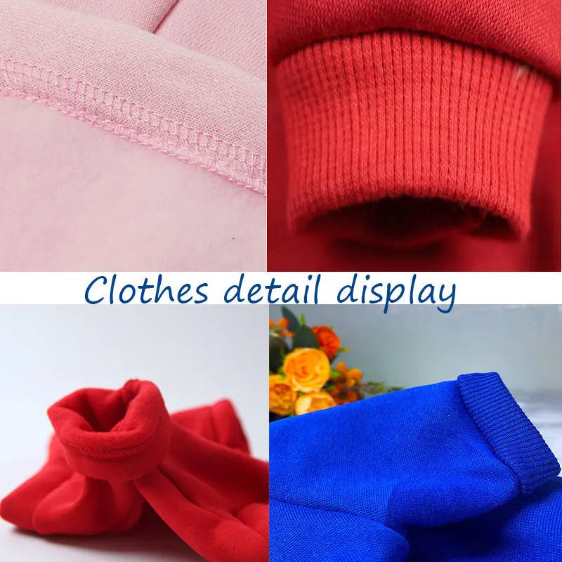 Display of premium fleece dog coat and hoodie in pink, red, and blue colors