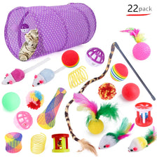 A collection of 22 interactive cat toys including a purple fabric toy, various spinners, balls, and feather toys.
