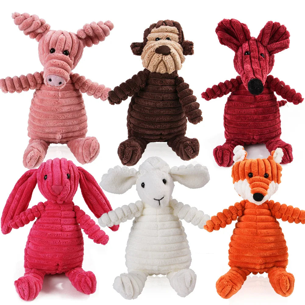 Colección de seis juguetes masticables para perros en forma de molares de peluche en colores rosa, marrón, rojo y naranja