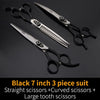A set of black grooming scissors including straight, curved, and large tooth scissors.