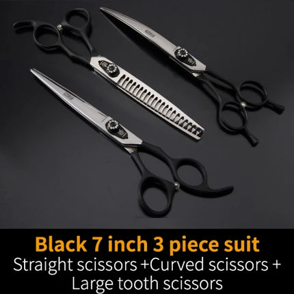 A set of black grooming scissors including straight, curved, and large tooth scissors.