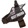A black adjustable pet walking harness for dogs with a patterned fabric strap.