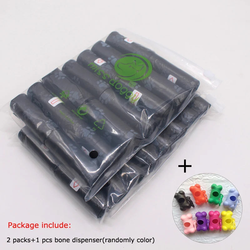 A package containing two packs of dog waste bags and one bone dispenser with randomly colored bags.