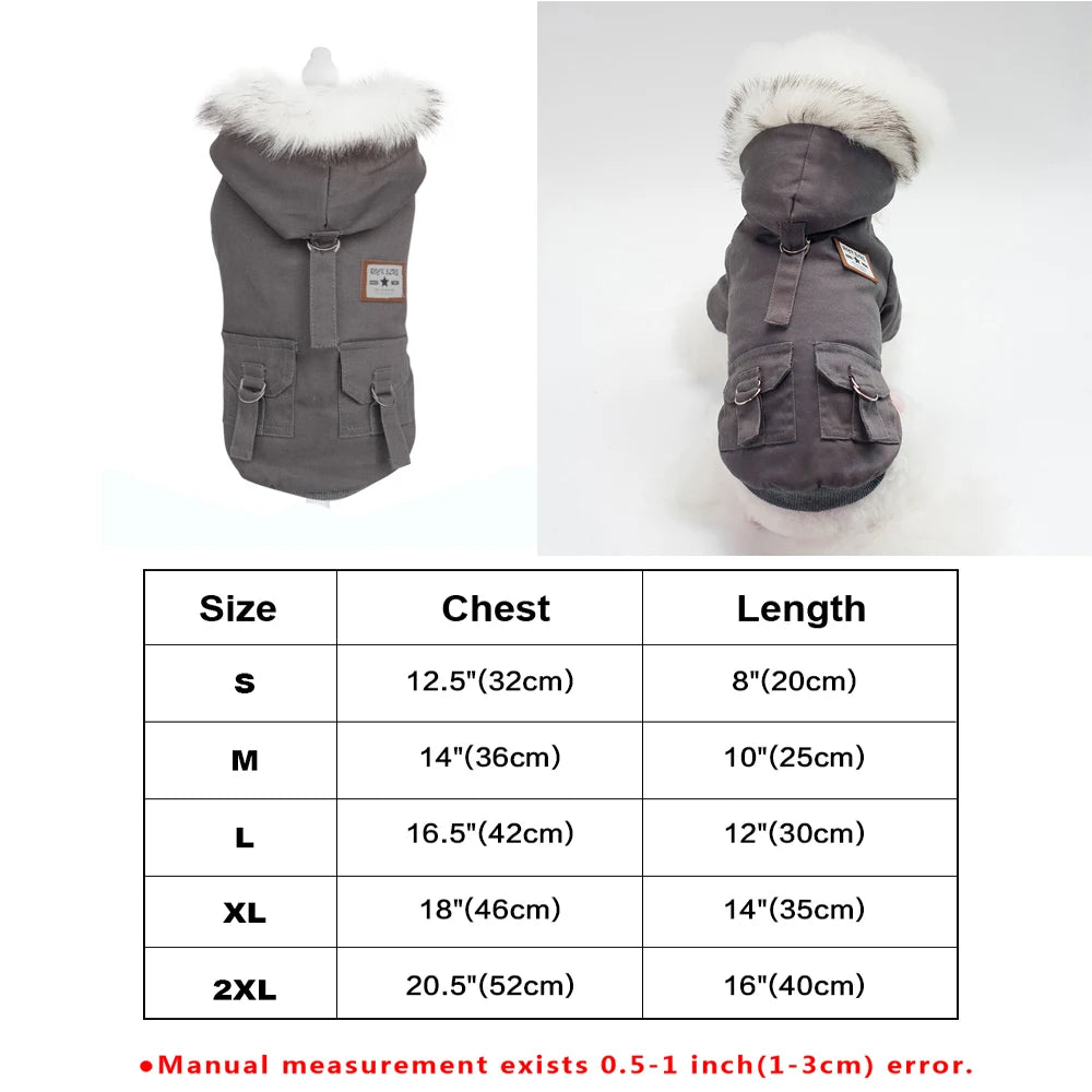 Gray PU leather dog jacket with a faux fur collar shown in various sizes