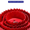 Close-up view of a red bi-metal hole saw bit with sharp teeth for quick cutting.