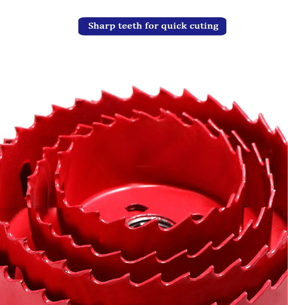 Close-up view of a red bi-metal hole saw bit with sharp teeth for quick cutting.