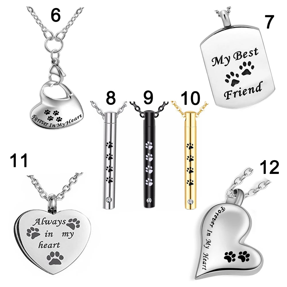 A collection of twelve stainless steel pet memorial necklaces featuring various designs and paw prints.