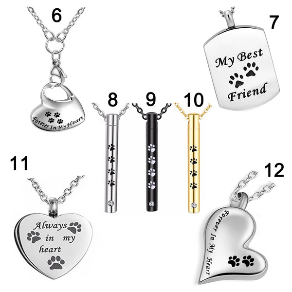 A collection of twelve stainless steel pet memorial necklaces featuring various designs and paw prints.