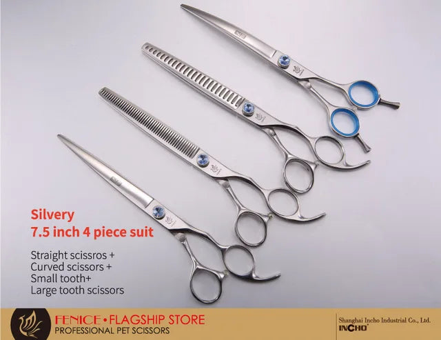 Silvery 7.5 inch 4 piece suit of straight and curved pet grooming scissors