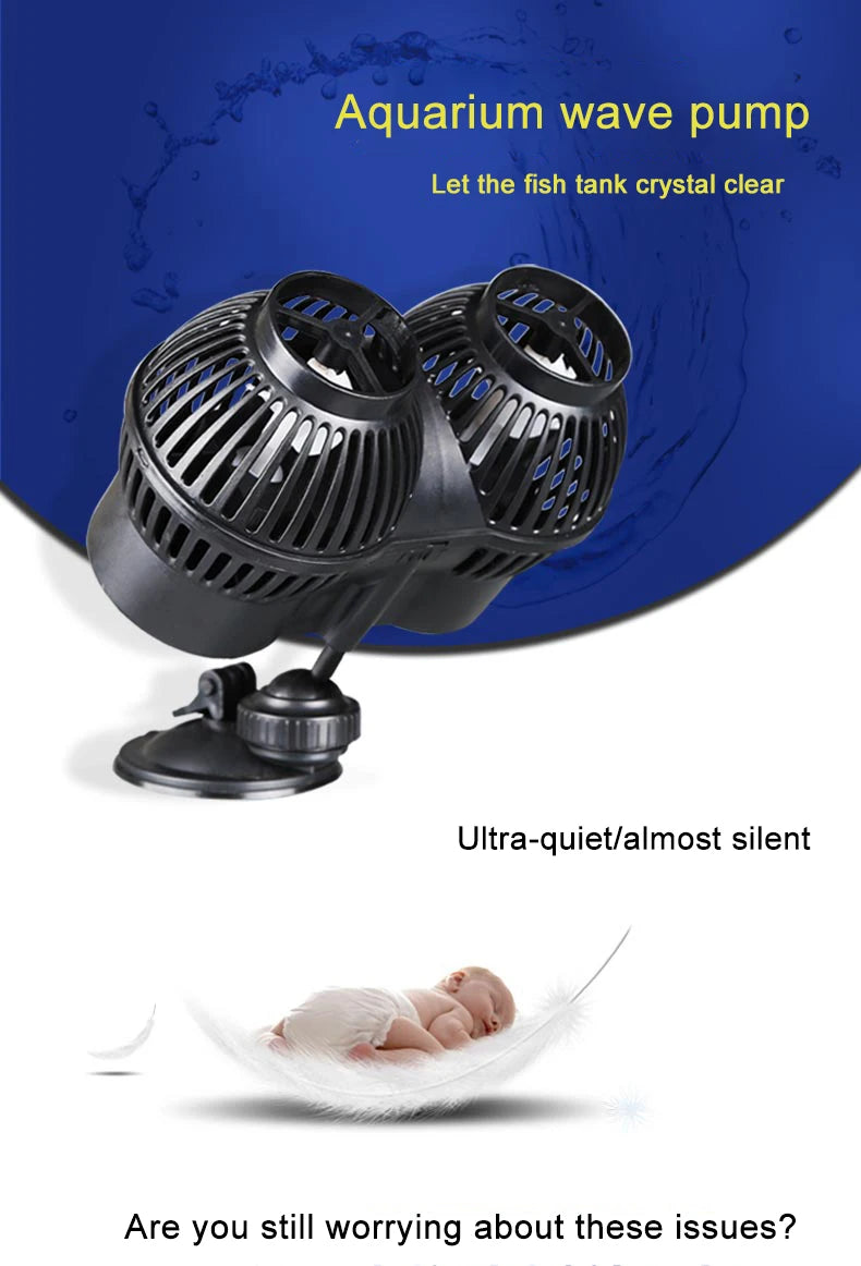 A black aquarium wave pump is shown with text promoting its use for water circulation and oxygenation.