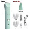 A 2 in 1 set of AUX pet grooming tools including a pedicure blade, brush, and a 9-12mm blade comb with a USB cable.