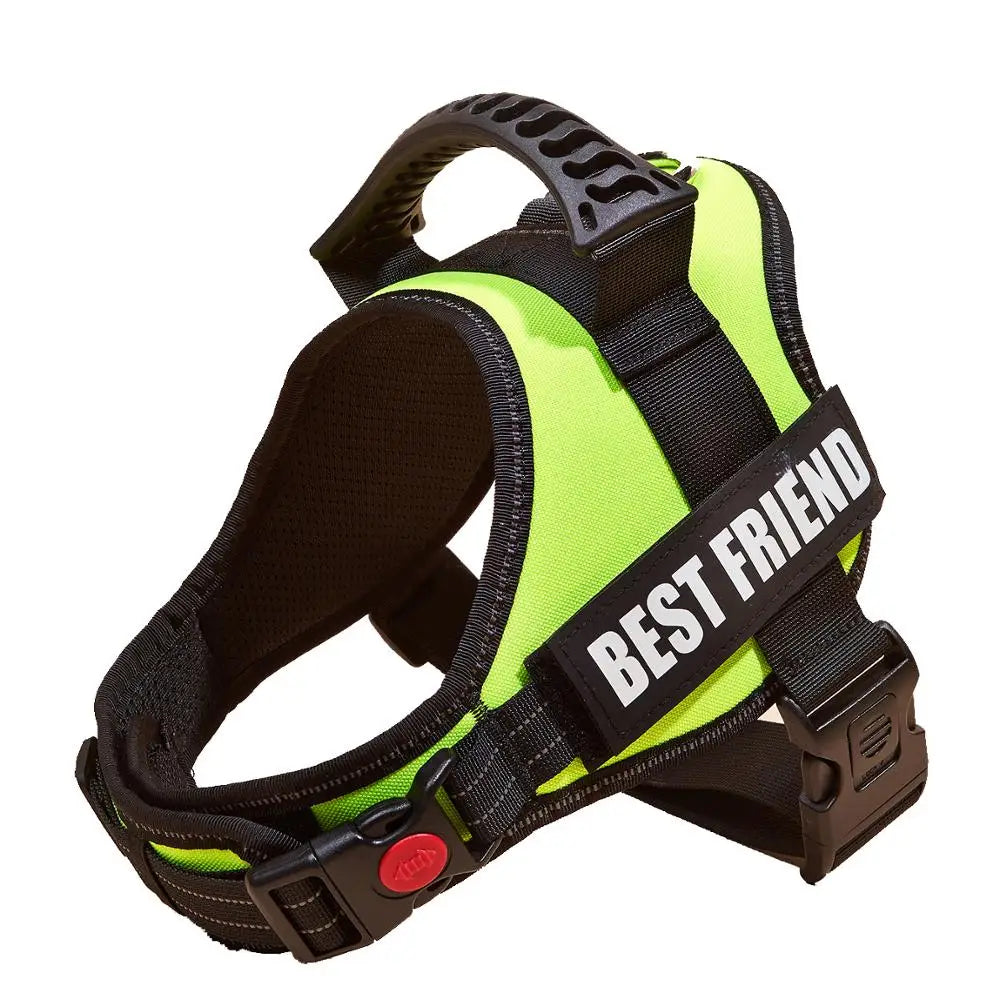 A black and neon yellow adjustable pet walking harness for dogs.