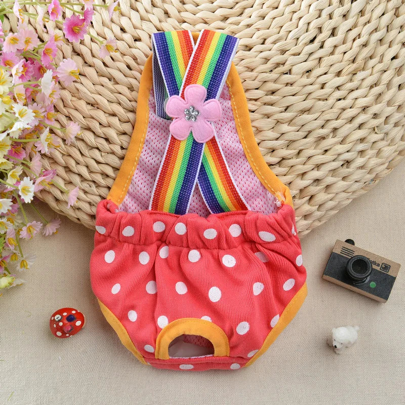 Pink and rainbow striped washable physiological dog underwear with a flower detail