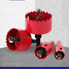 A red bi-metal hole saw kit with a threaded bit is shown against a light gray background.