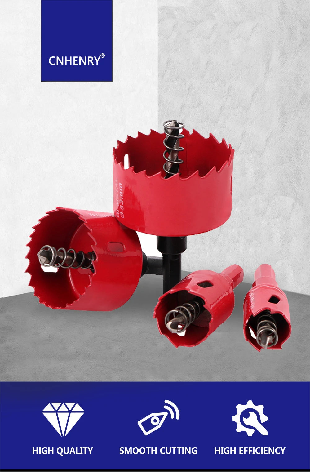 A red bi-metal hole saw kit with a threaded bit is shown against a light gray background.