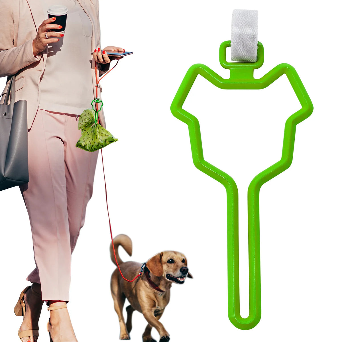A green hands-free dog poop bag dispenser with a leash clip is shown next to a person and a dog.