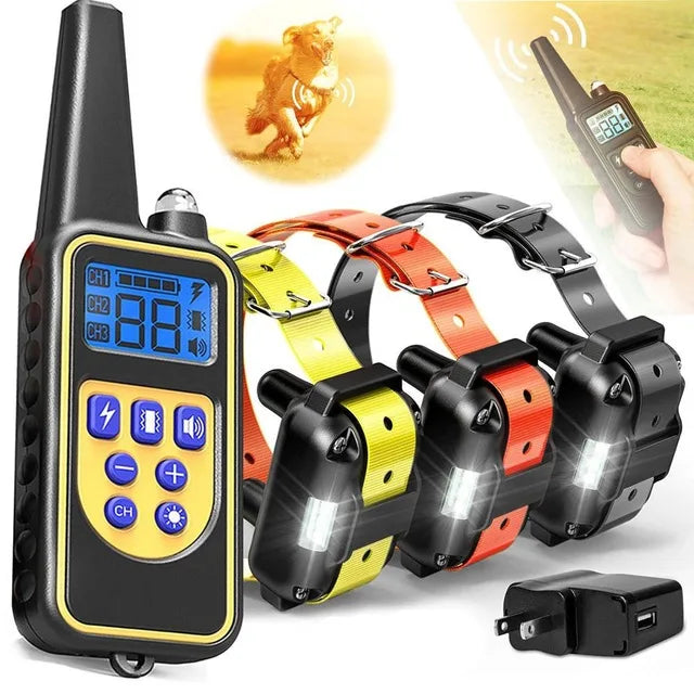 A black remote control electric dog training collar with multiple channels and a battery is shown next to several orange and 
