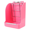 A pink rabbit hay and food rack with a metal grid for feeding pets.