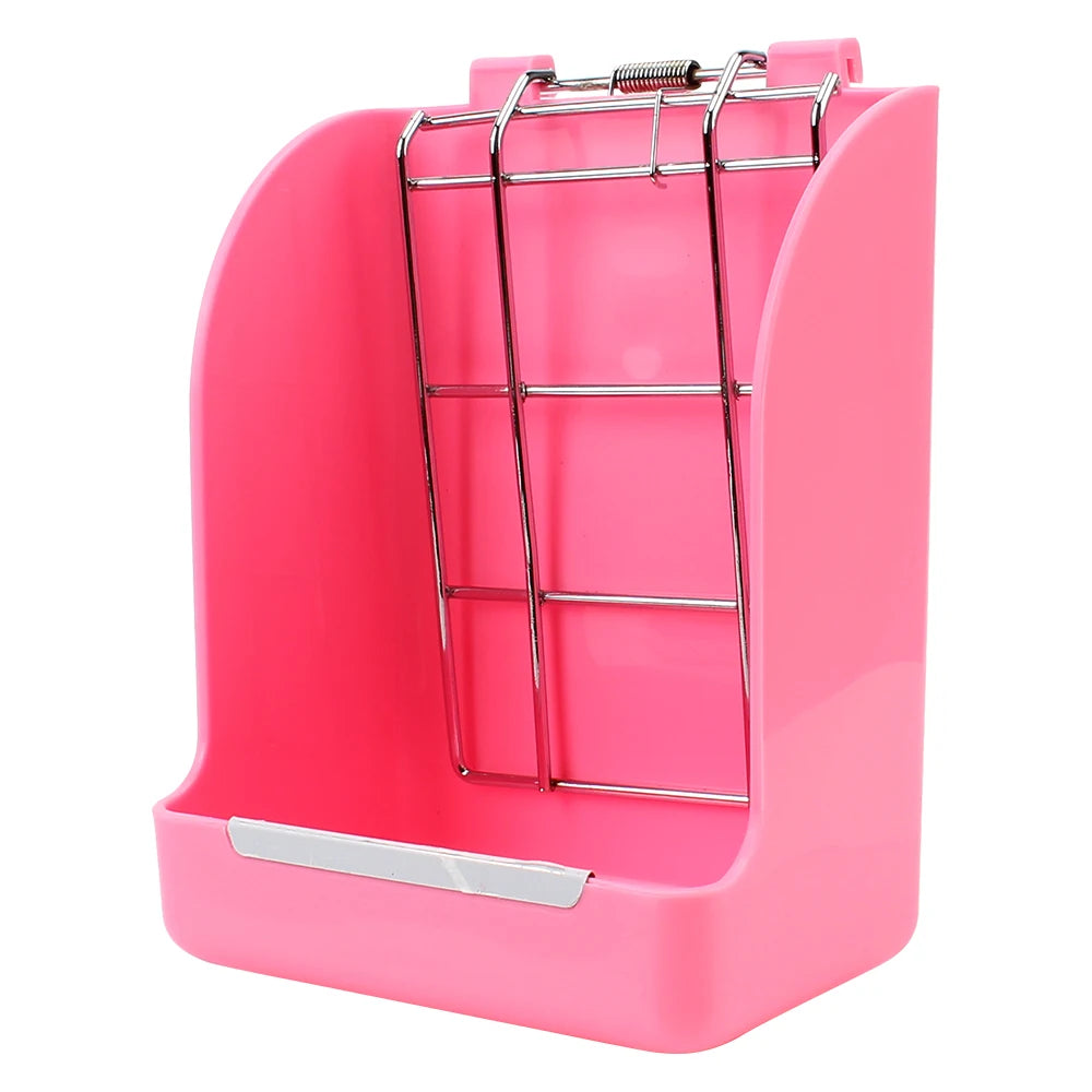 A pink rabbit hay and food rack with a metal grid for feeding pets.