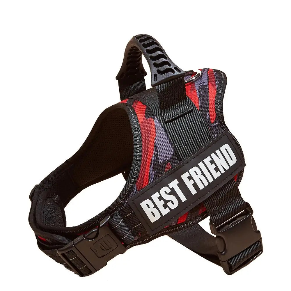 A black and red patterned adjustable pet walking harness for dogs.
