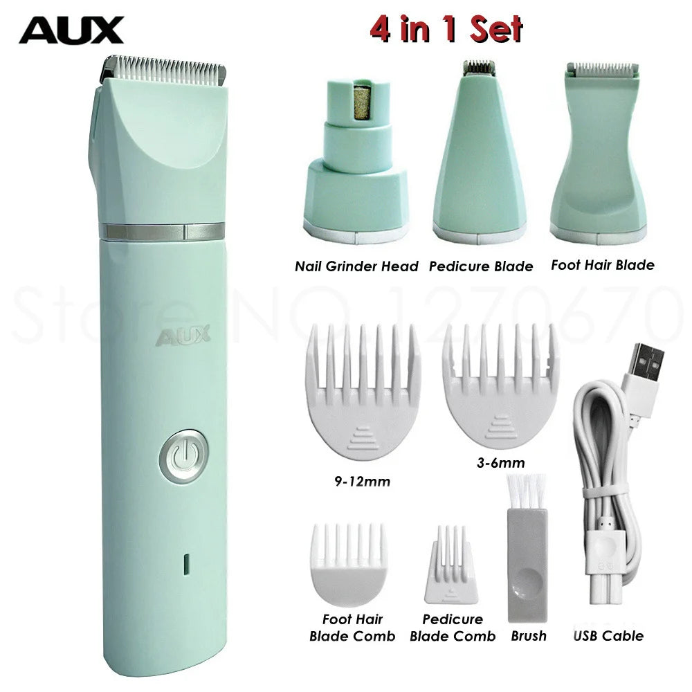 A 4 in 1 set of AUX nail grinder, pedicure blade, foot hair blade, and brush with a USB cable.