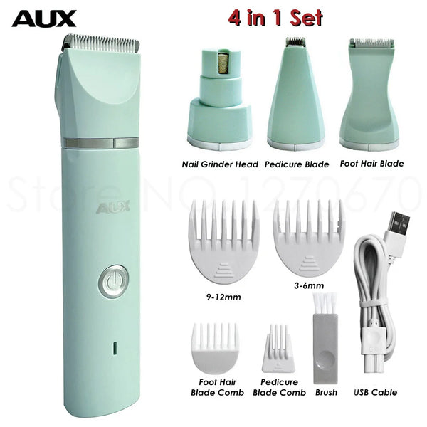 A 4 in 1 set of AUX nail grinder, pedicure blade, foot hair blade, and brush with a USB cable.