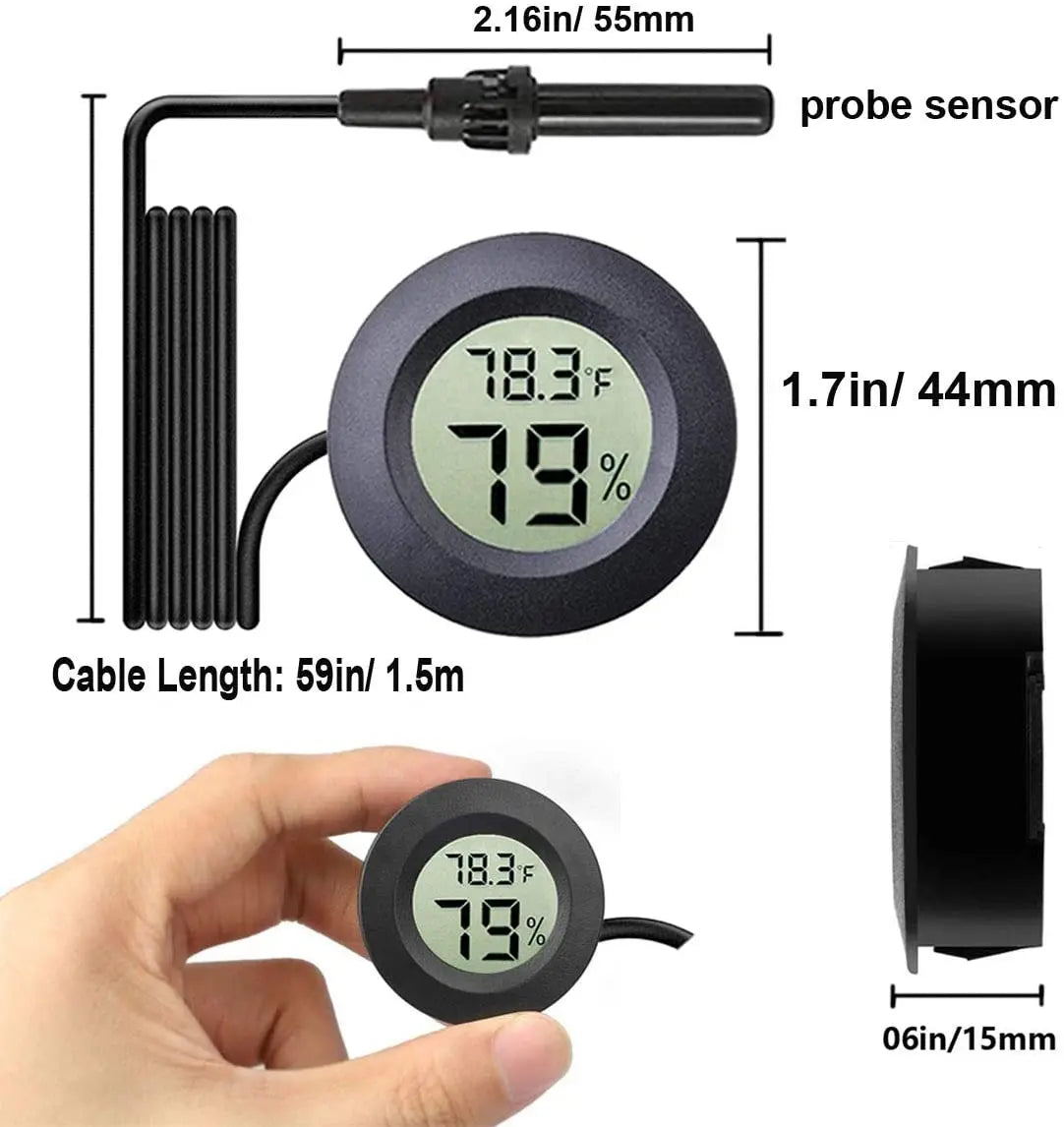 A digital temperature and humidity monitor probe sensor with a cable, shown next to a hand.