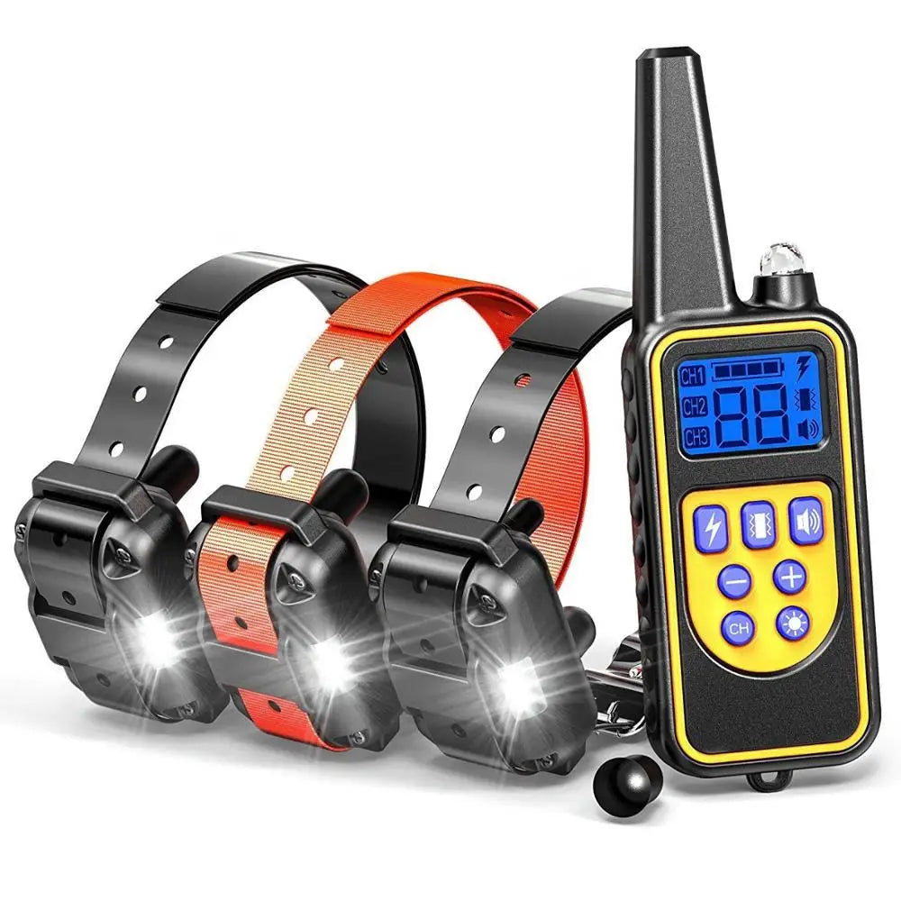 A black electric dog training collar with a yellow remote control and LED light is shown.