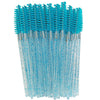 A bundle of blue disposable eyelash brushes with teal bristles and clear plastic handles.
