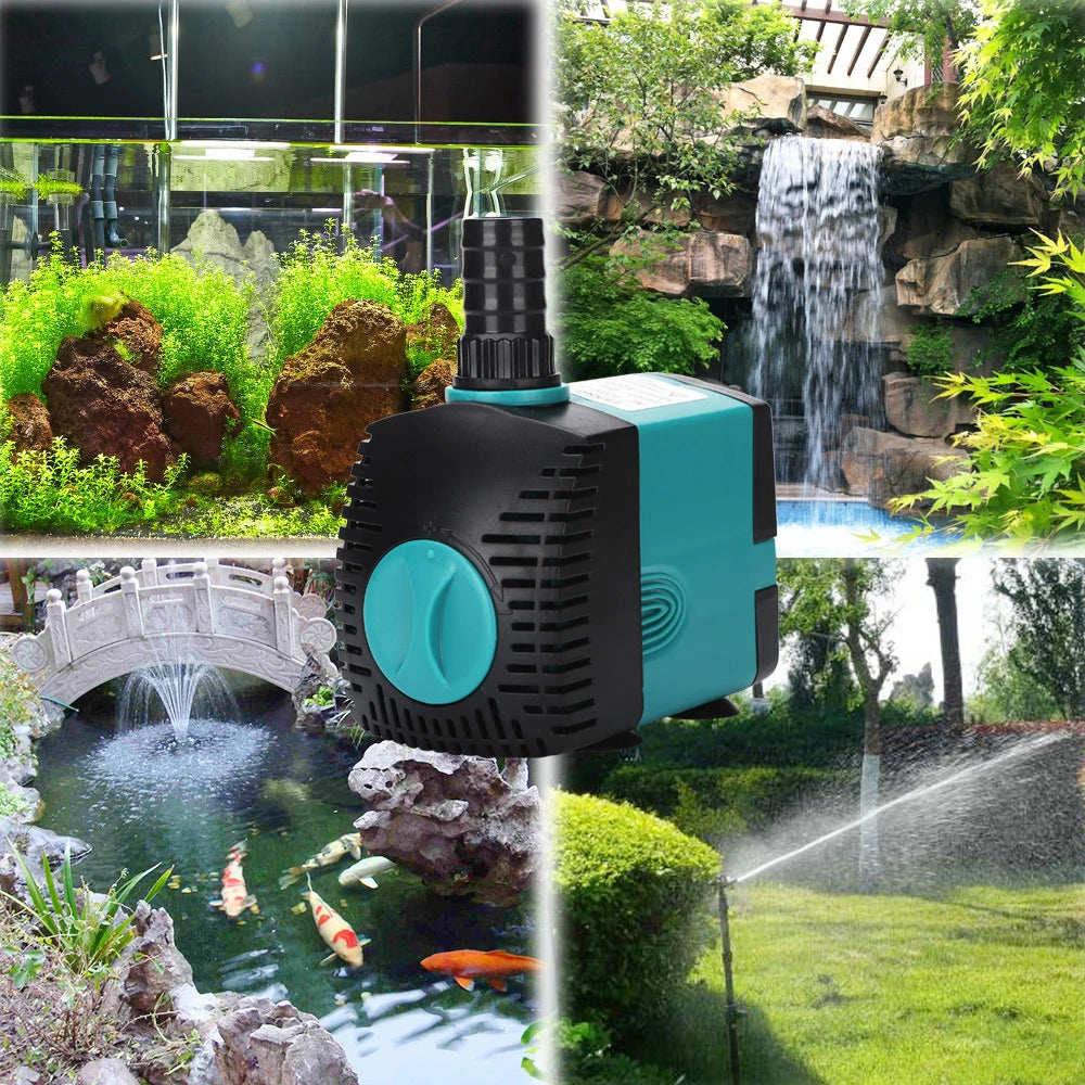 A teal and black submersible water pump is shown in various outdoor contexts, including a garden fountain and a pond.