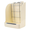 A beige rabbit hay and food rack with a metal grid for feeding.