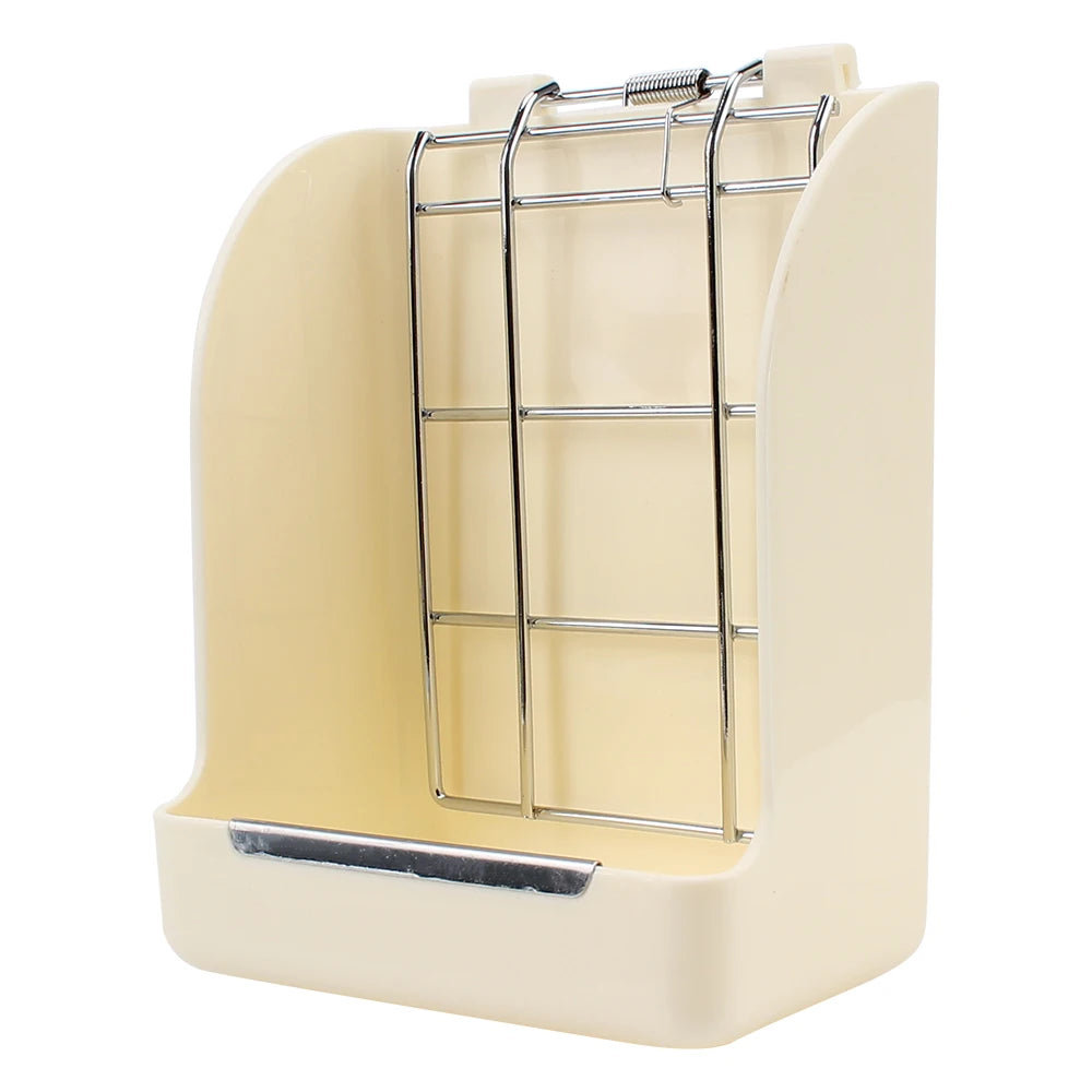 A beige rabbit hay and food rack with a metal grid for feeding.