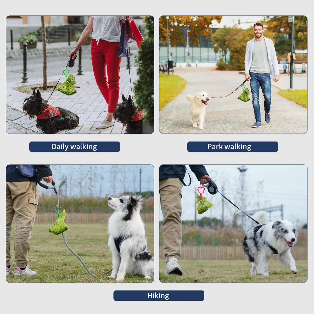 Images showing various activities like daily walking, park walking, and hiking with a dog using a hands-free poop bag dispens