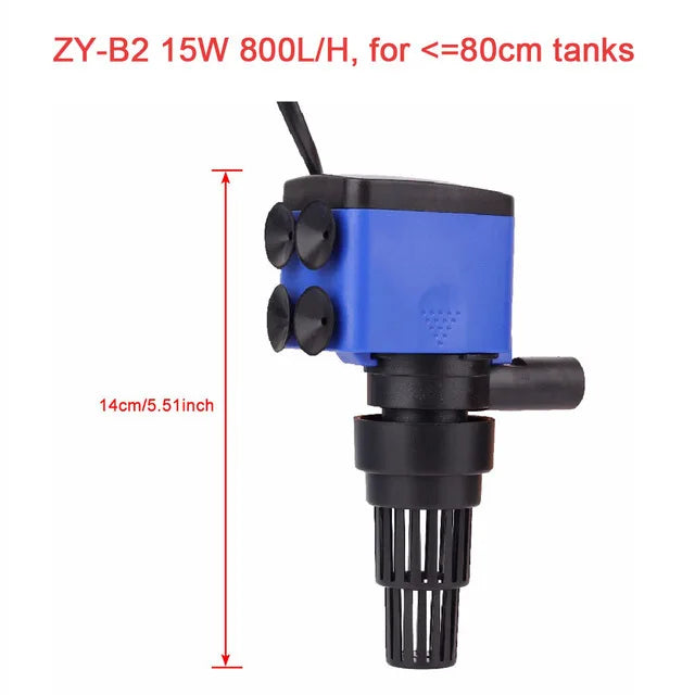 Blue submersible aquarium filter pump for tanks, featuring oxygenation and water circulation.