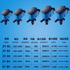 Five models of submersible aquarium filter pumps shown in various colors and angles with technical specifications listed belo