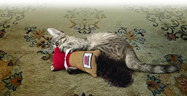 A tabby cat is lying on a carpet with a red KONG Kickeroo Cuddler Cat Toy.