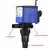 Blue submersible aquarium filter pump featuring oxygenation, high flow drainage, and a pumping filter.