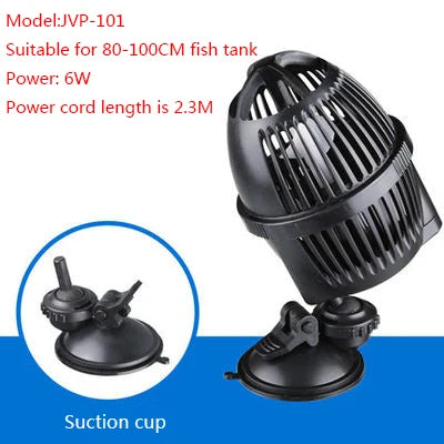 Black submersible pump with a suction cup designed for fish tanks