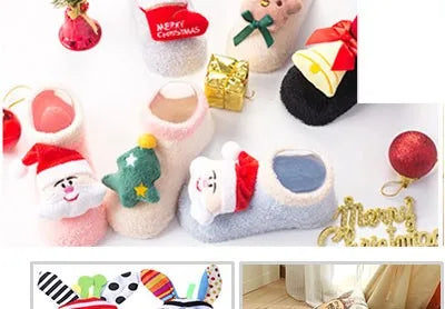 Eine Sammlung süßer Cartoon-Baby-Socken für Kleinkinder in verschiedenen Farben und Designs.