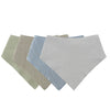 A pack of three soft cotton baby bibs in shades of sage green, beige, and light blue.