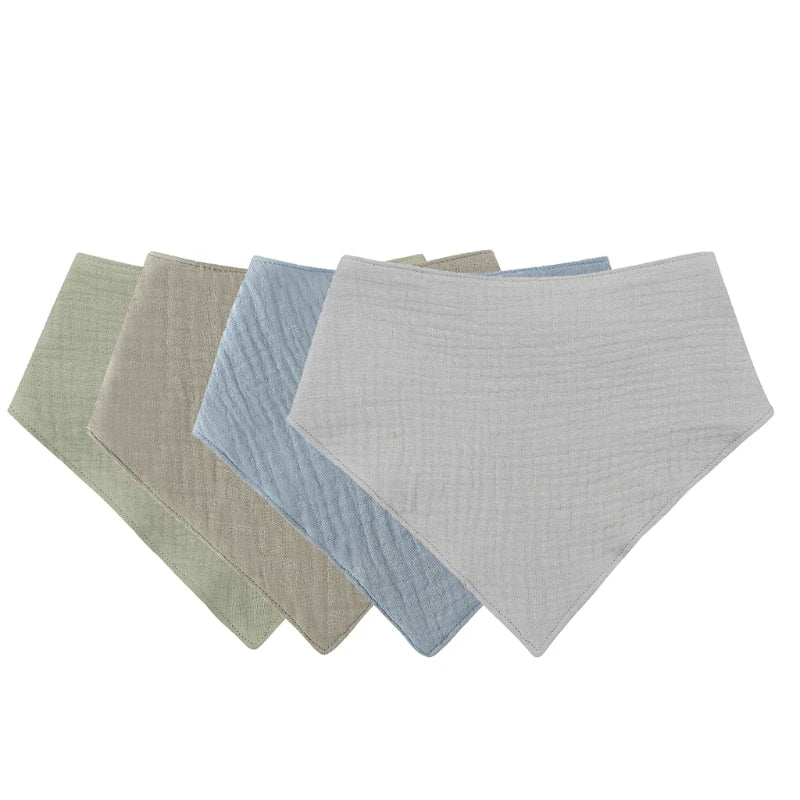 A pack of three soft cotton baby bibs in shades of sage green, beige, and light blue.